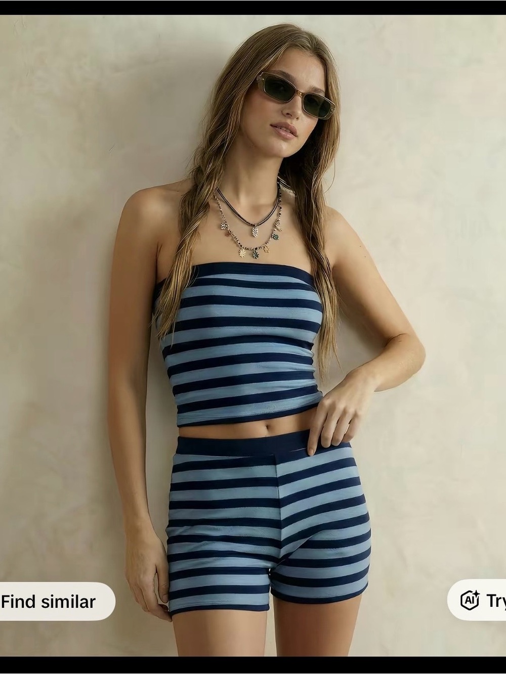 Women's S blue striped two-piece set, high waisted shorts/ bandeau tube top BNWT